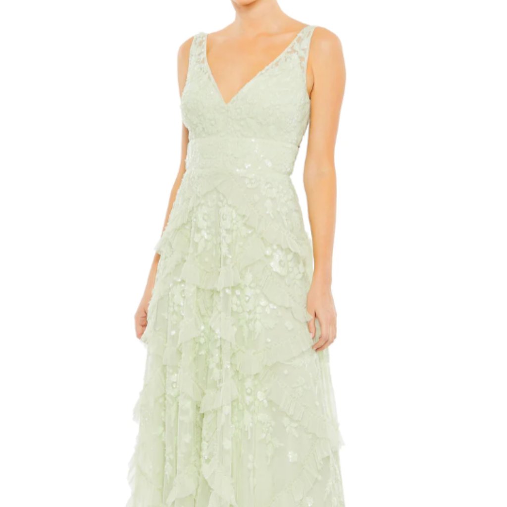 Mac Duggal 9162 Sequin Scalloped V-Neck Ruffle Tiered Sage Gown Sz 16